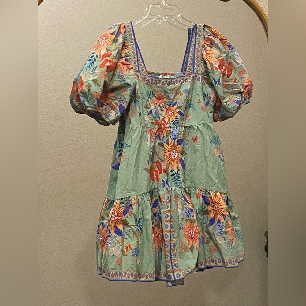 Farm Rio Bright Yard Floral Puff Sleeve Ruffled Tiered Mini Dress Size S - Picture 2 of 13